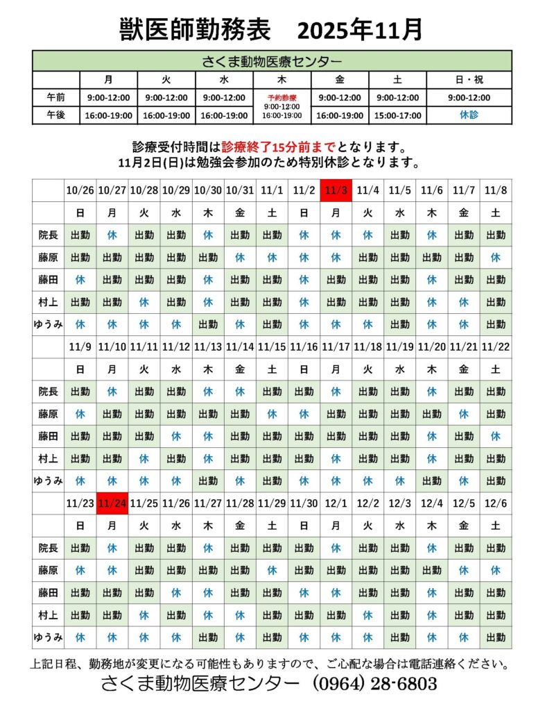 11月獣医師勤務表